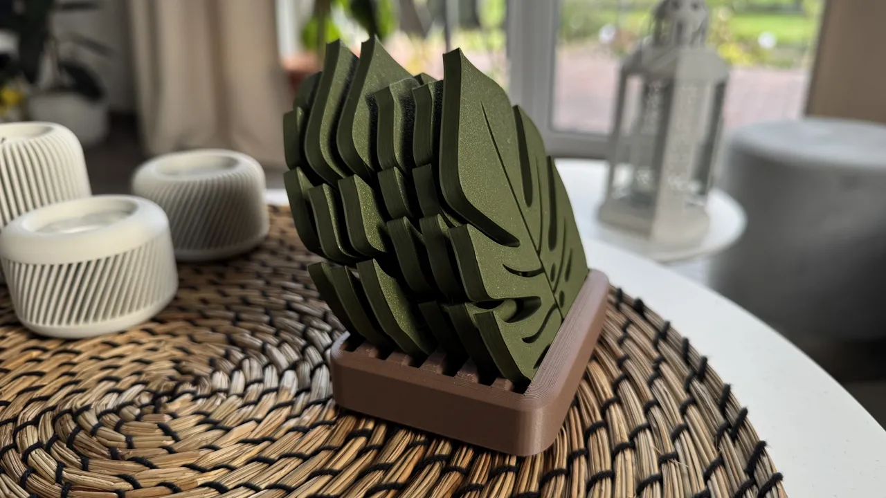 Monstera leaf coaster set with holder view 4