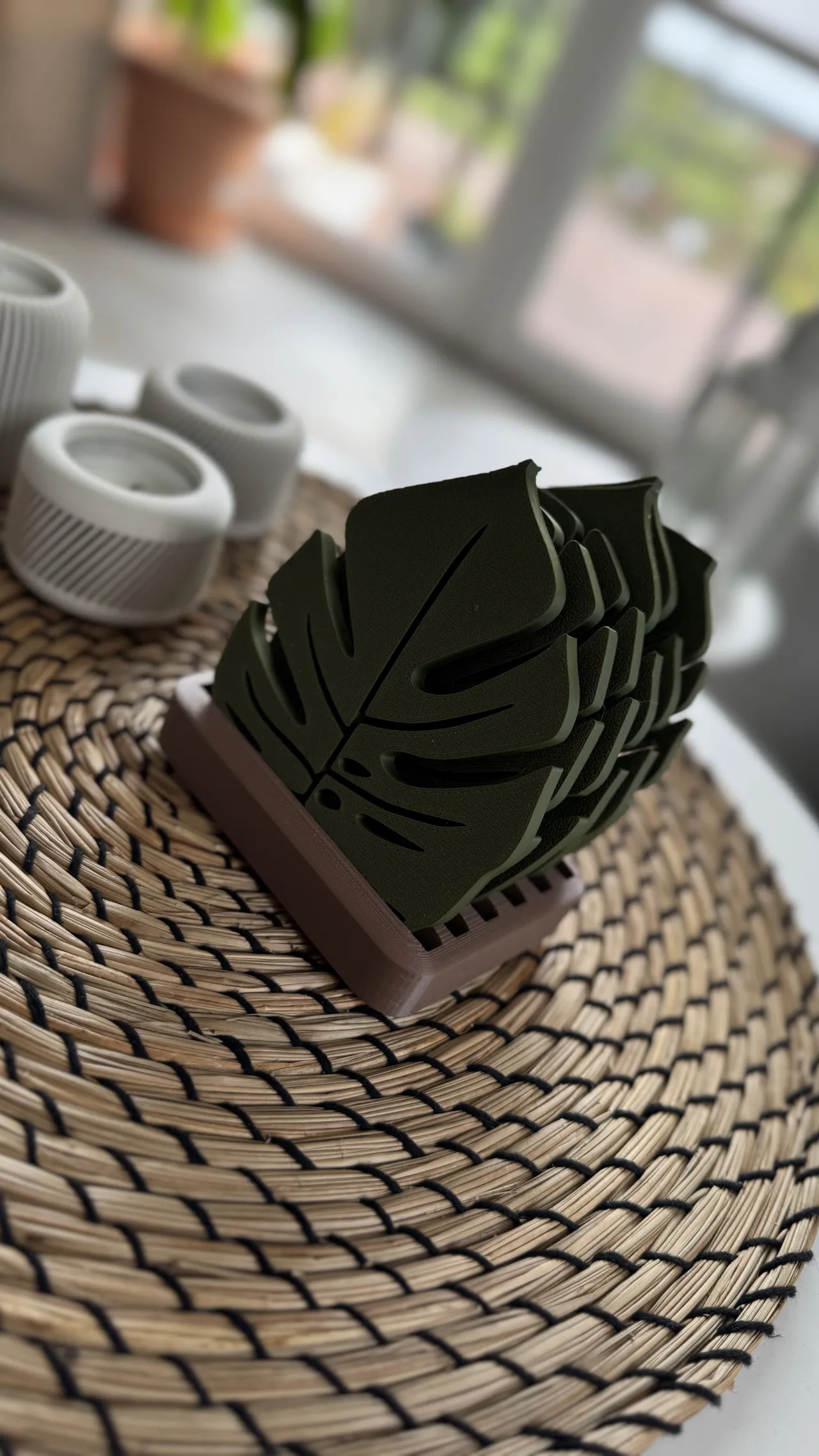 Monstera leaf coaster set with holder view 3