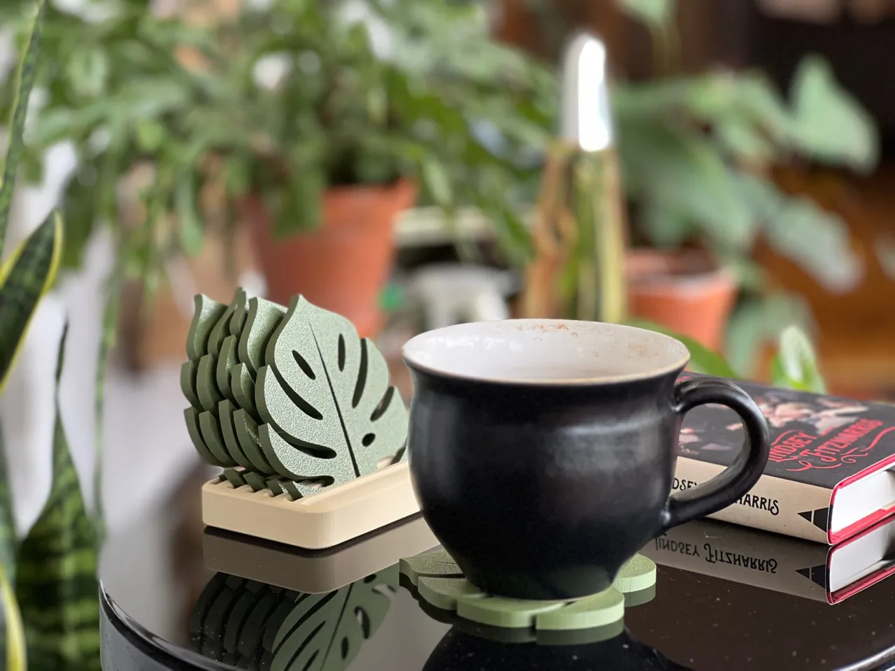 Monstera leaf coaster set with holder view 2