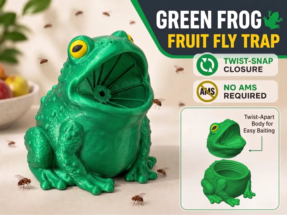 Letrero o emblema decorativo: Frog Fruit Fly Trap. Referencia del modelo original.