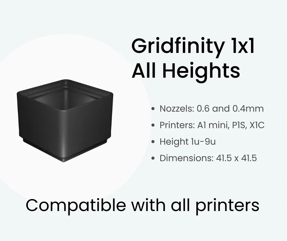 Bac de rangement Gridfinity 1x1 toutes hauteurs