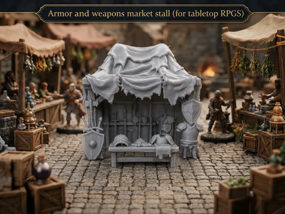 Escenografía en miniatura: Armor and weapons market stall (for tabletop RPGs). Referencia del modelo original.