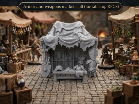 Escenografía en miniatura: Armor and weapons market stall (for tabletop RPGs) — referencia de MakerWorld