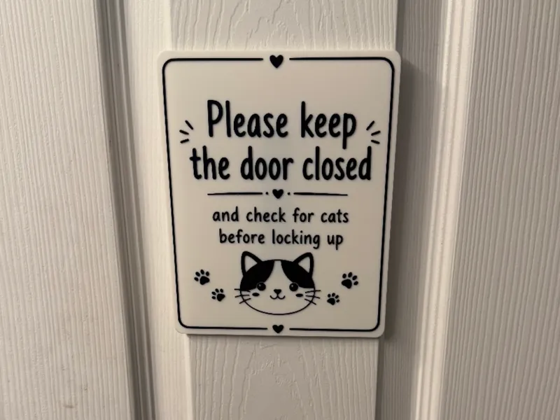 Keep Door Closed and Check for Cats Sign