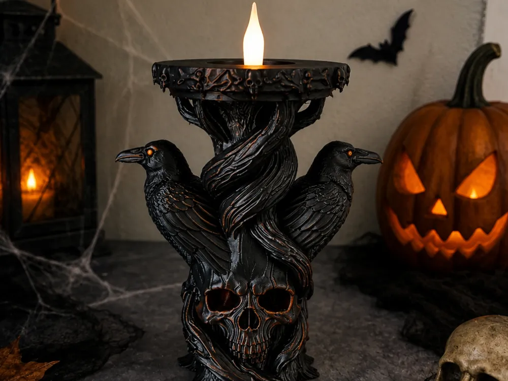 Accesorio de iluminación decorativa: Gothic Raven Skull Candle Holder. Referencia del modelo original.