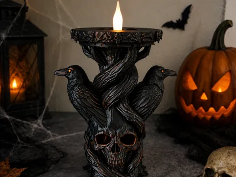 Accesorio de iluminación decorativa: Gothic Raven Skull Candle Holder — referencia de MakerWorld