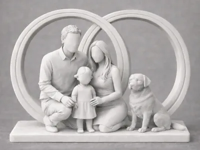 Family Wedding Sculpture Couple, Child & Dog 