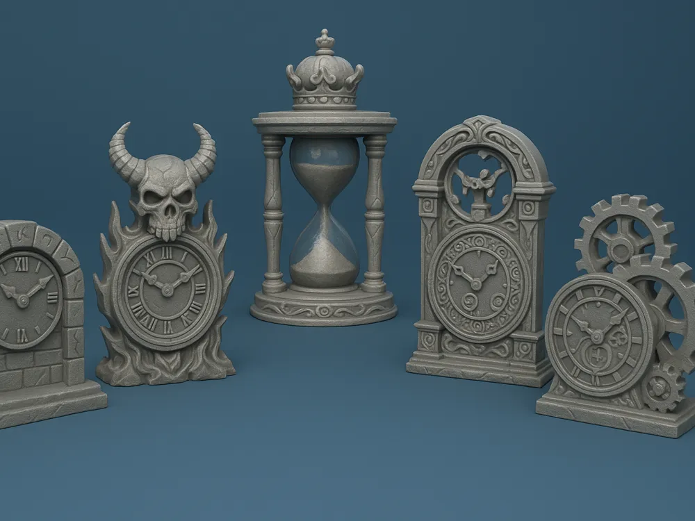 Fantasy Clocks and Hourglass Set - Free 3D Print Model - MakerWorld