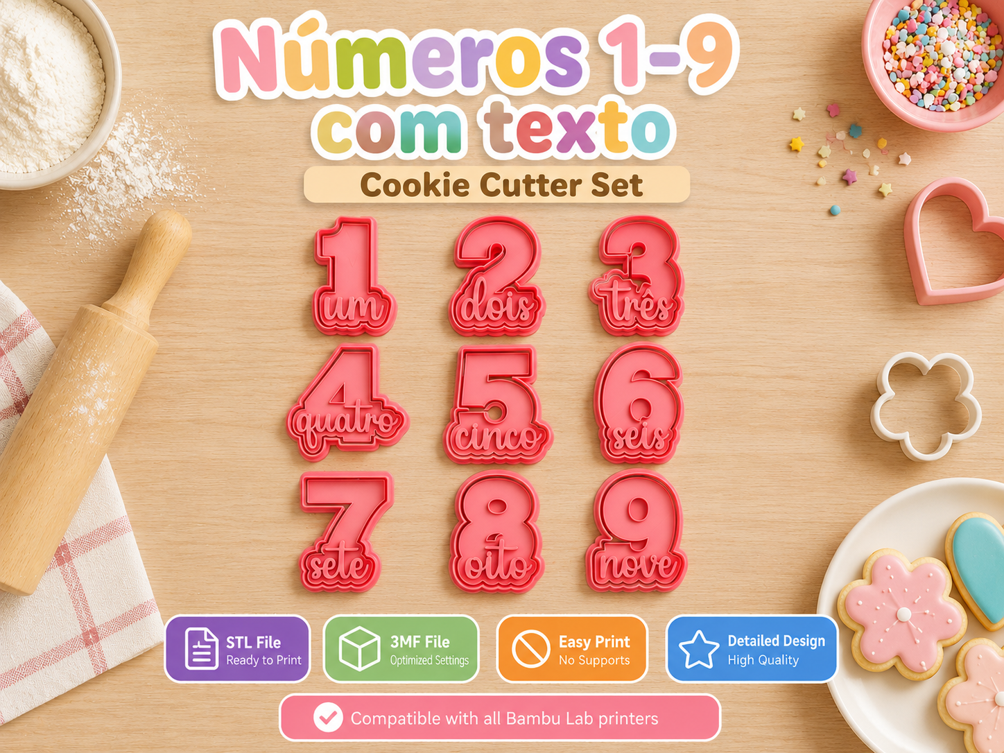 Set de 9 Cortadores Números + texto em Português