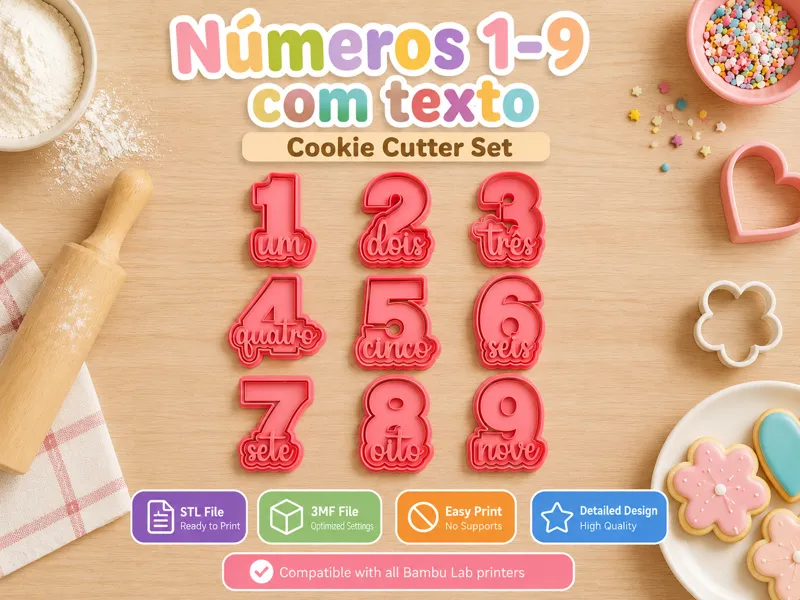 Set de 9 Cortadores Números + texto em Português