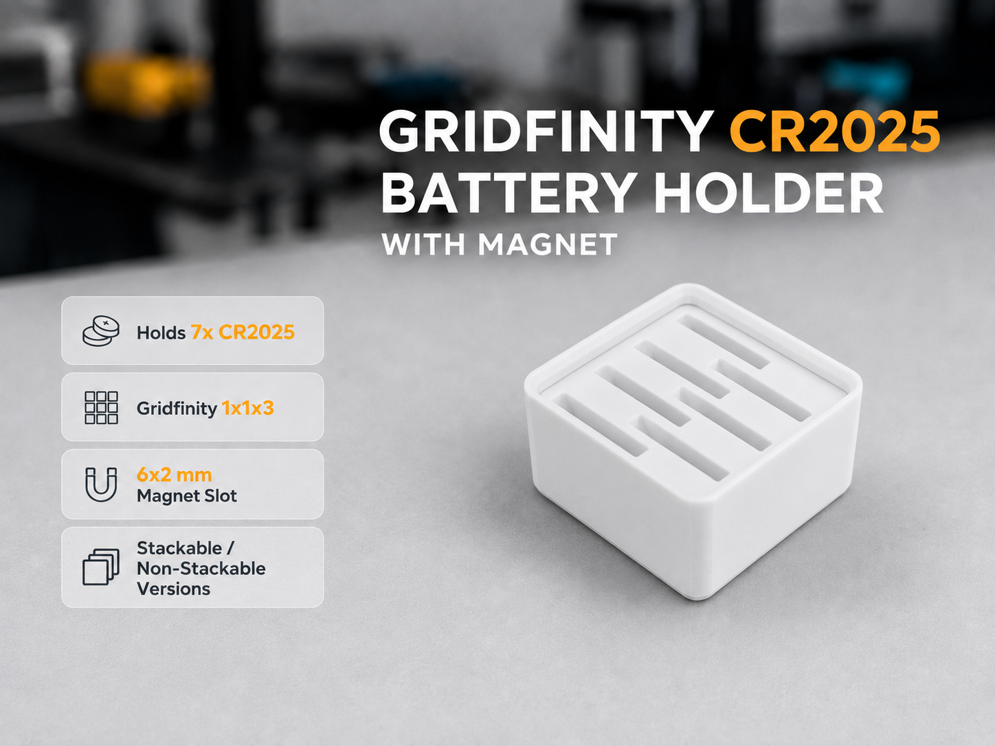 Gridfinity CR2025 battery holder with magnet