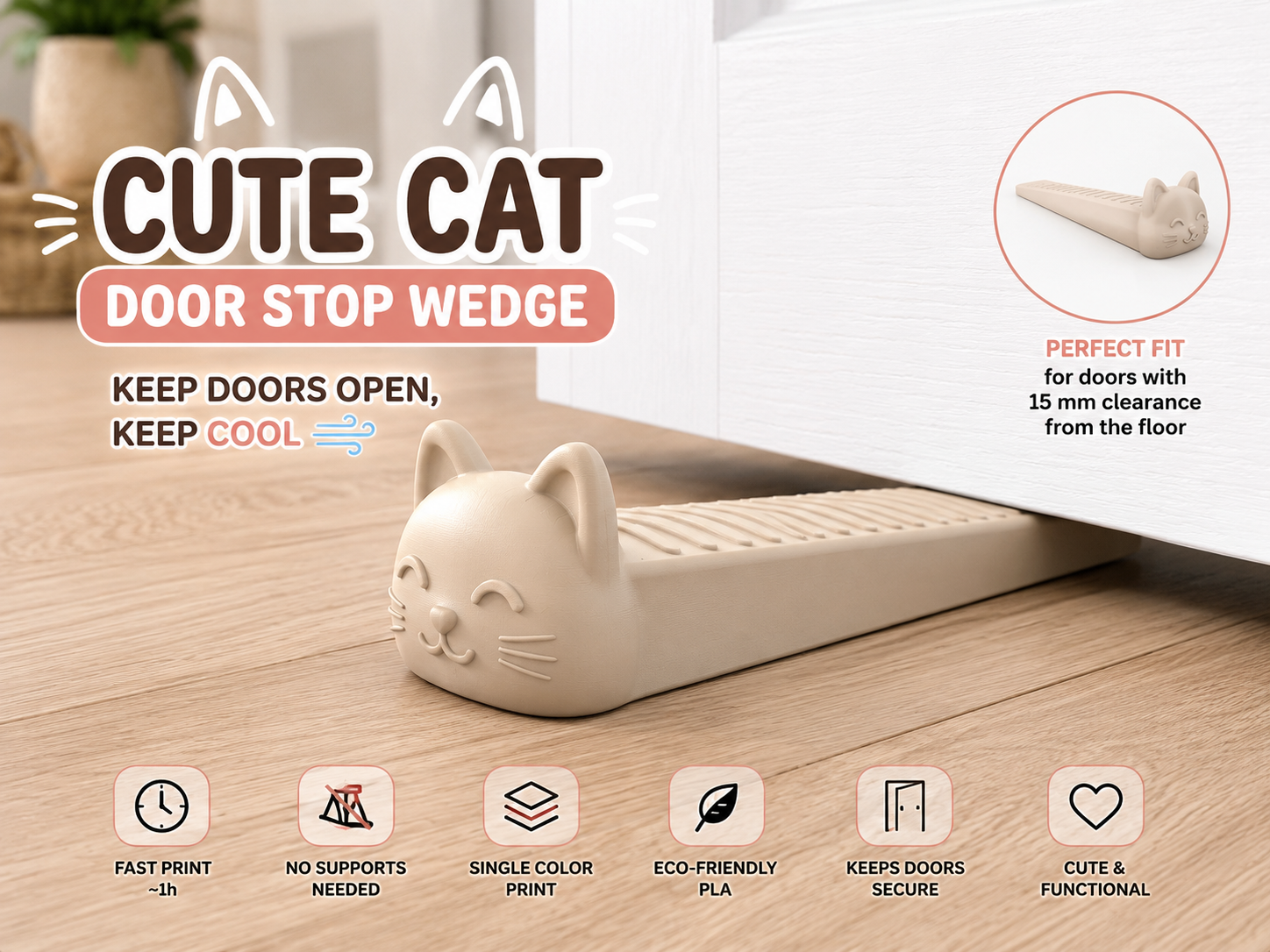 Cute Cat Door Stop Wedge | No Supports