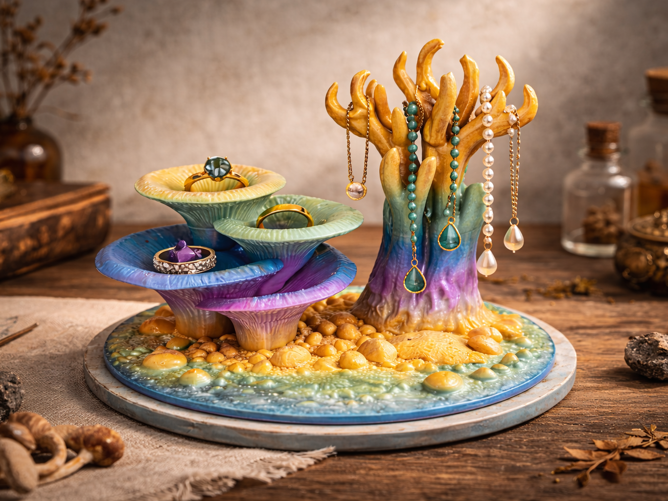 Jewelry Holder Blue Oyster & Coral Mushroom
