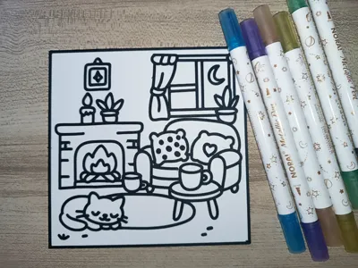 Cozy Living Room Cat Coloring Page