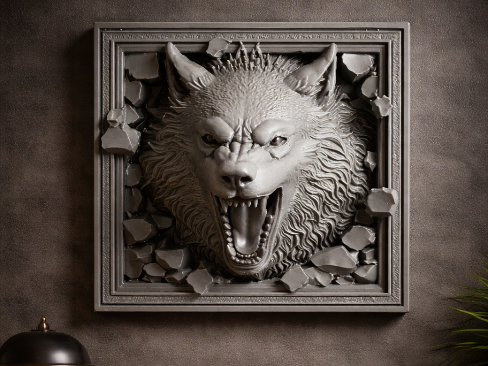 Ferocious Wolf Wall Art – Breaking Frame 3D Print