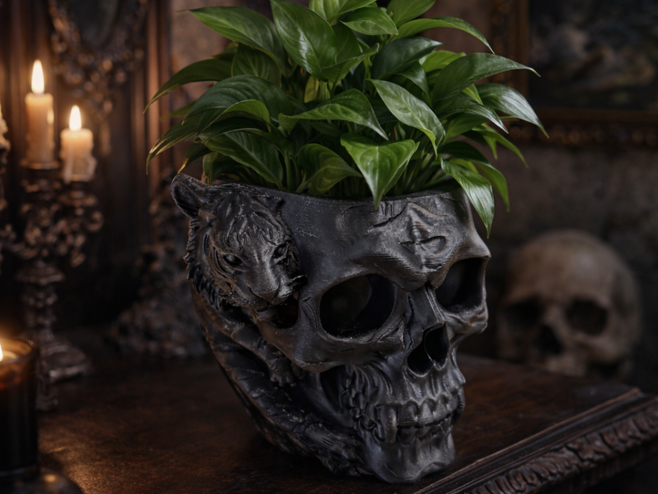 Totenkopf mit Tiger, Planter / Stiftehalter