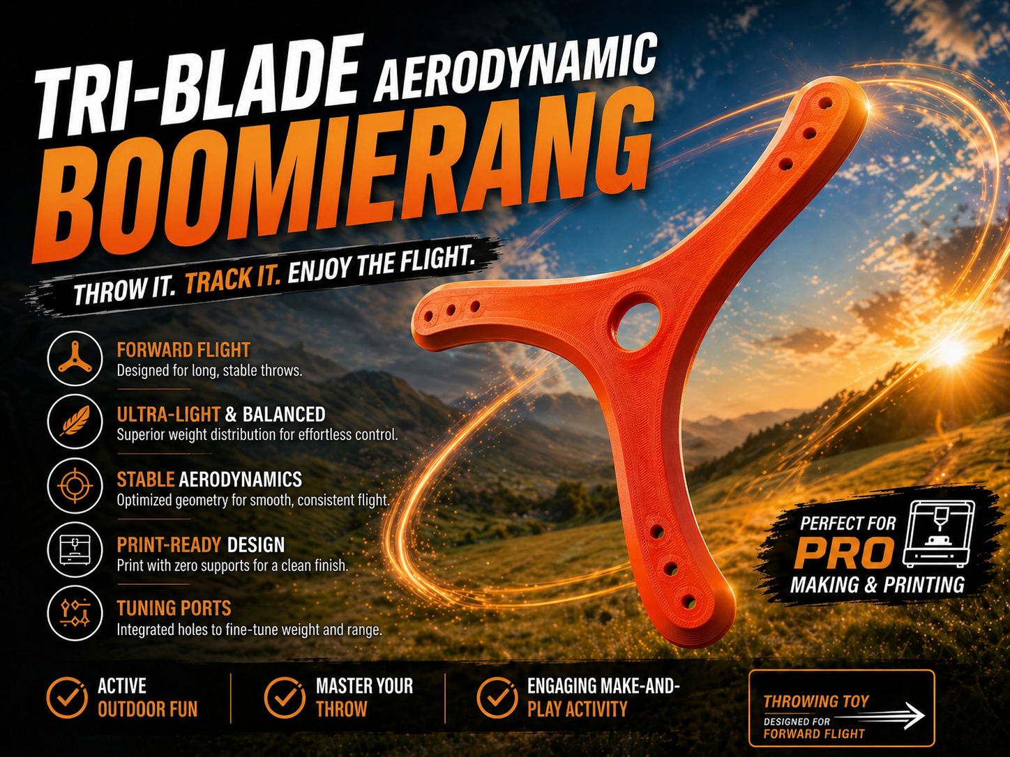 Tri-Blade Boomerang Style Thrower | Easy Print 