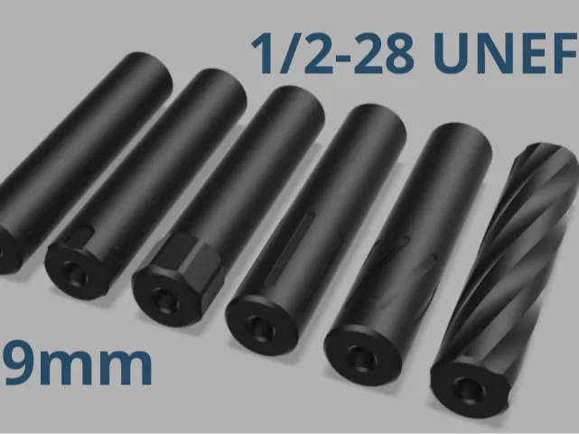 Letrero o emblema decorativo: High Power Moderators 9mm (1/2"-28 UNEF). Referencia del modelo original.
