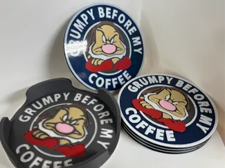 Grumpy Coasters Set.   2 sided with holder