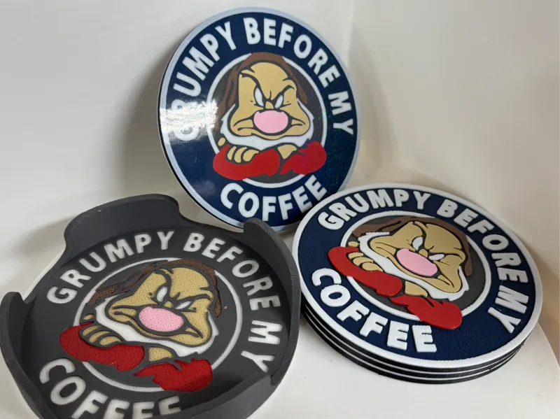 Grumpy Coasters Set. 2 sided with holder