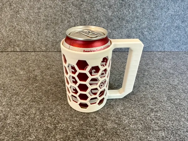 Hex pattern soda can holder with red soda can inserted