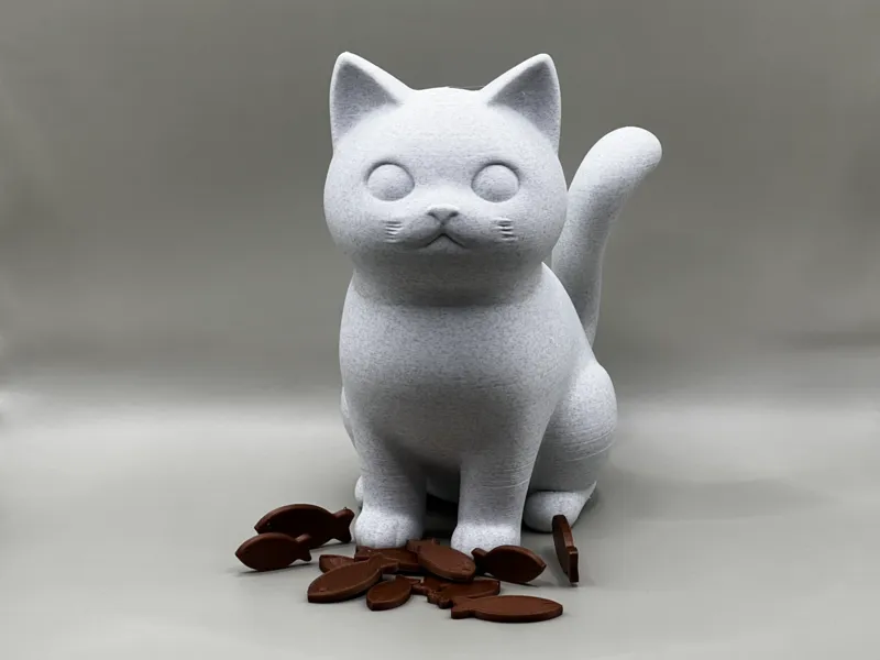 Cute Sitting Cat with Fish Treats, Minimal Decor
