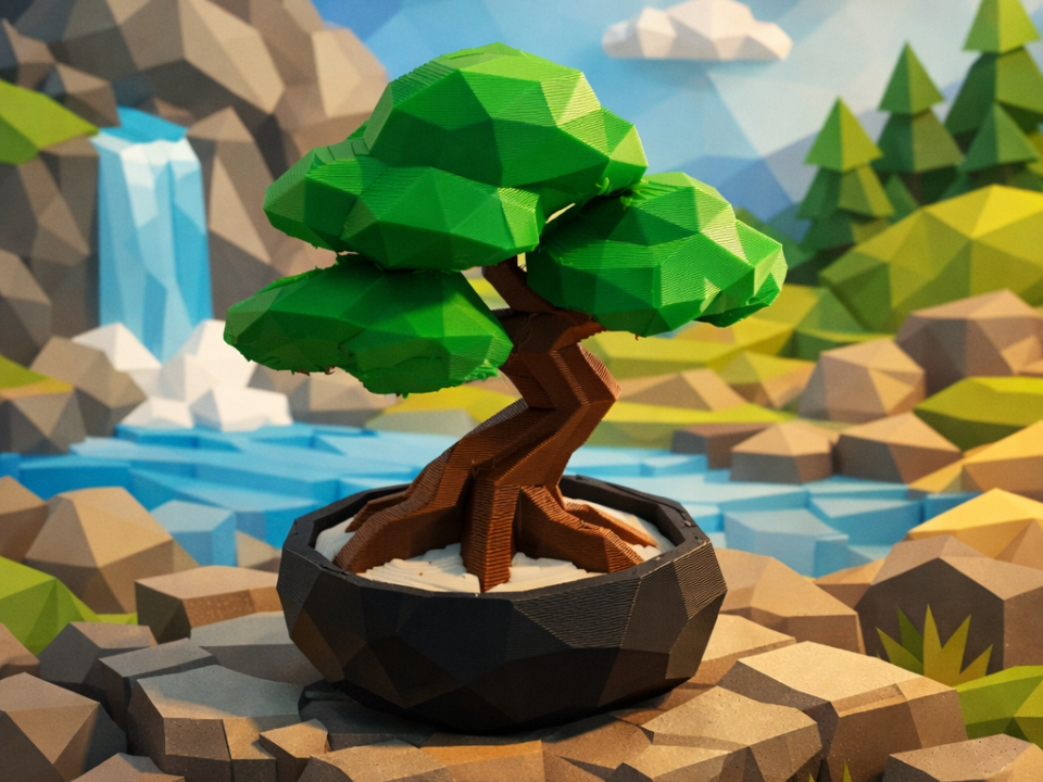 Bonsai low poly in vaso design geometrico elegante