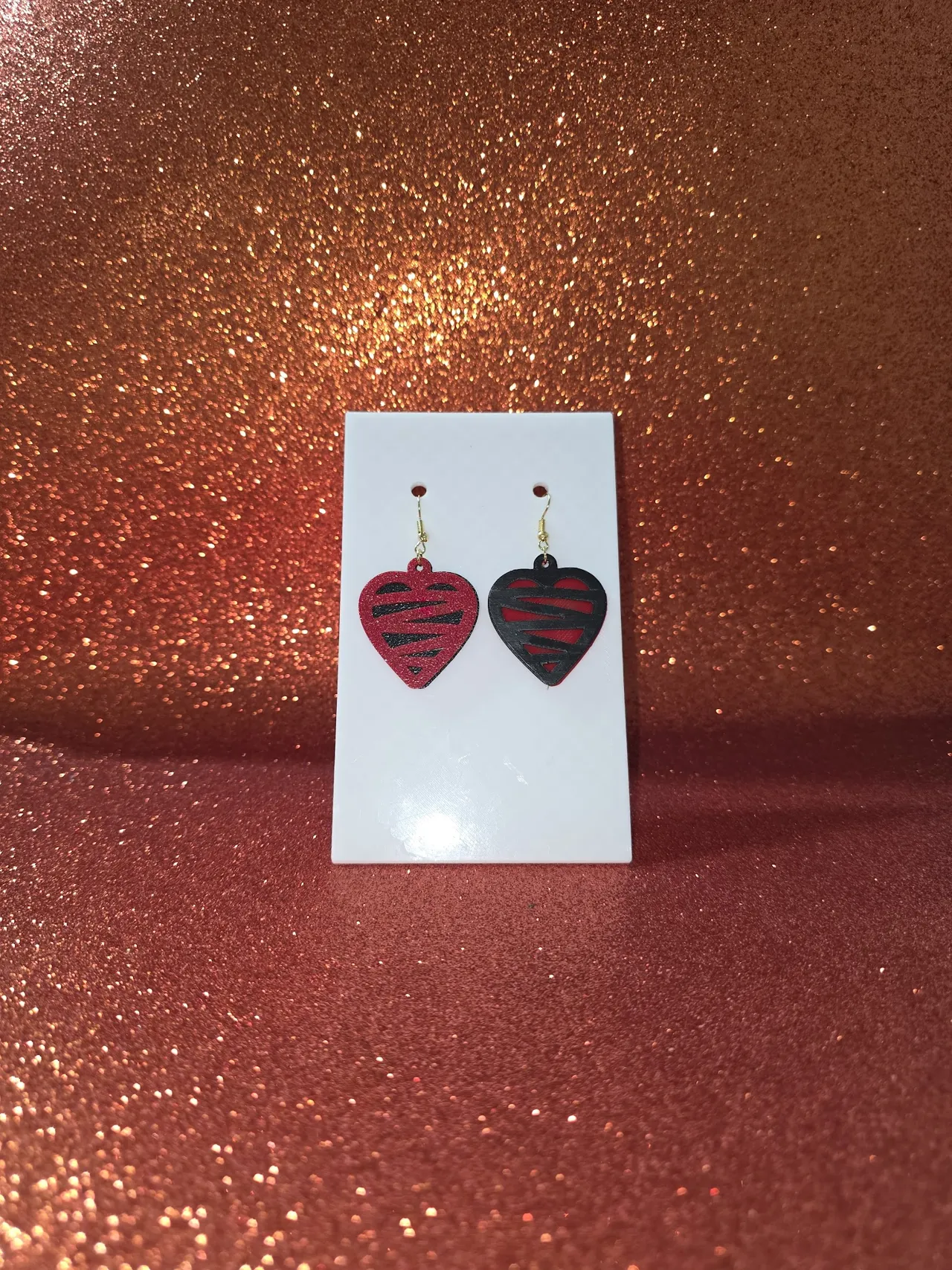 Modern zebra heart earrings view 2
