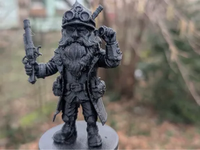 Steampunk gnome with flintlock pistol