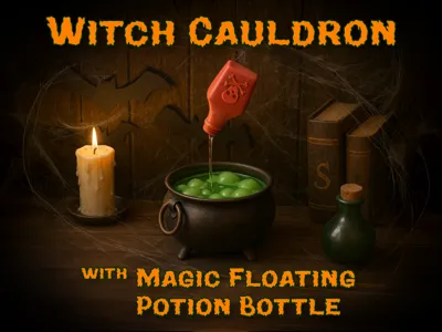 Witch Cauldron with Magic Floating Potion Bottle