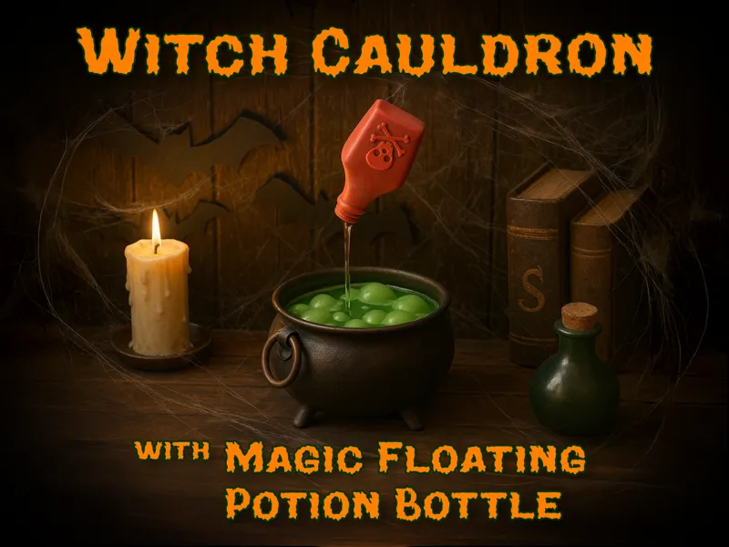 Witch Cauldron with Magic Floating Potion Bottle
