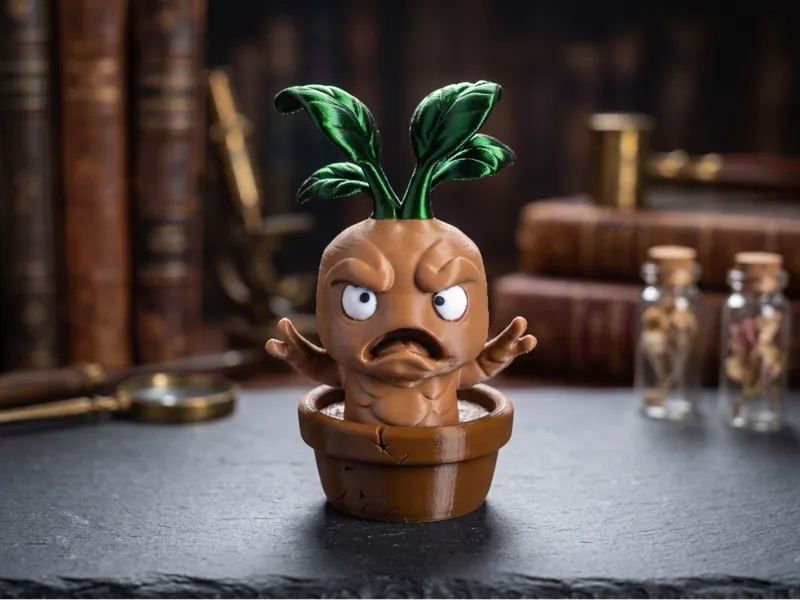 Angry mandrake root in a pot