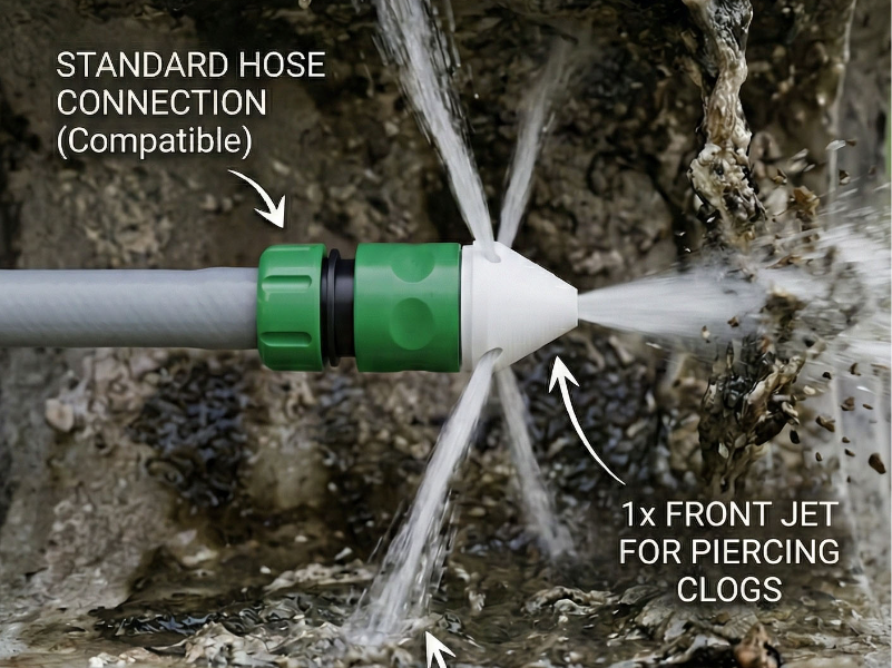 Cleaning Nozzle for Drain Pipes and Downspouts 