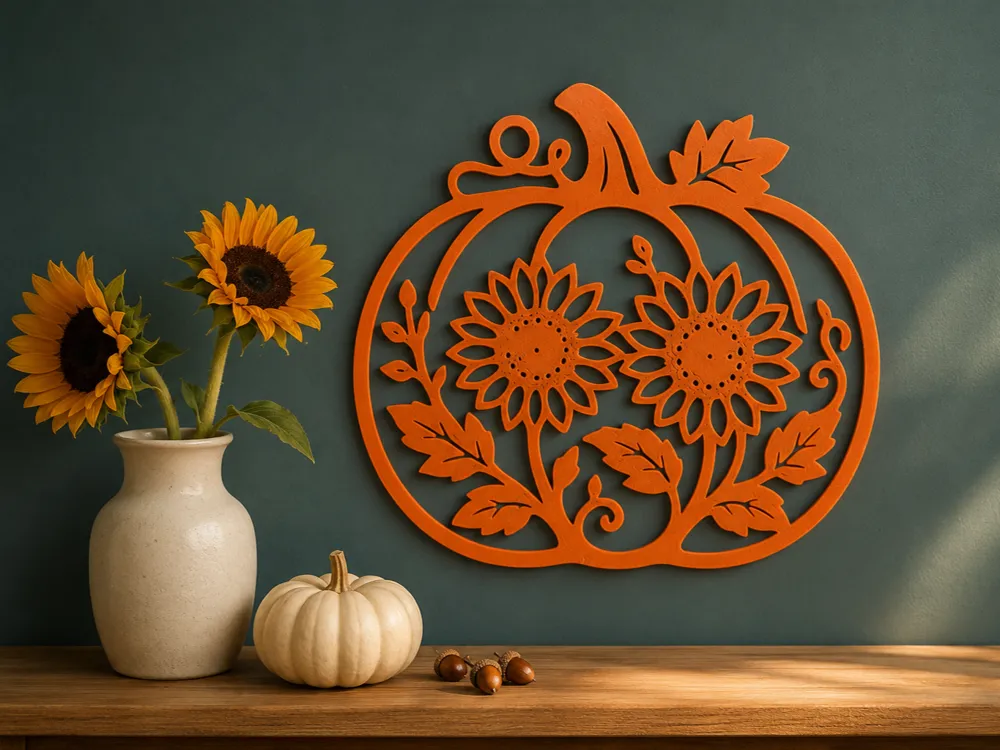 Adorno temático: Sunflower Pumpkin – Autumn Wall Decor. Referencia del modelo original.