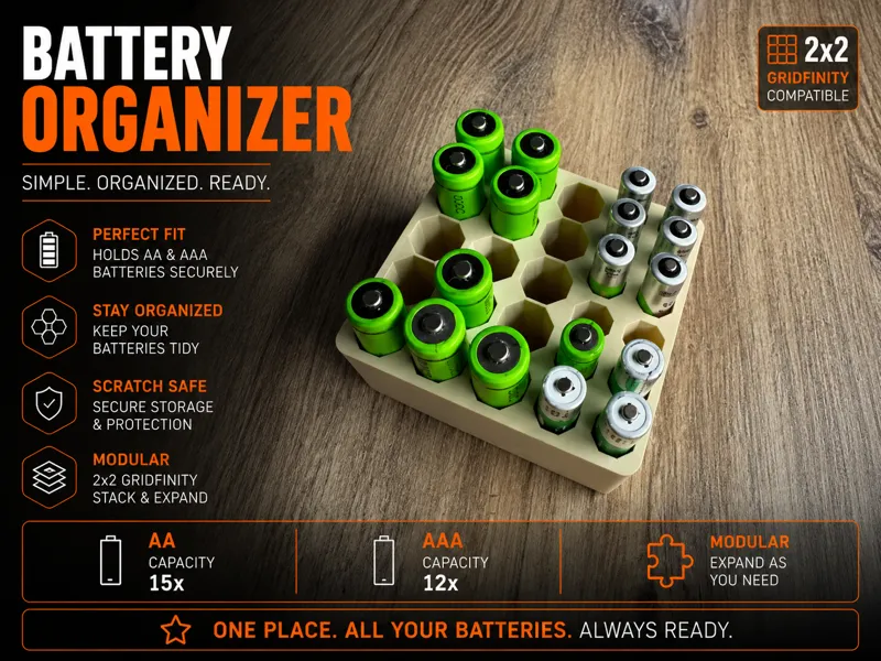 Gridfinity AA AAA Battery Holder 2x2