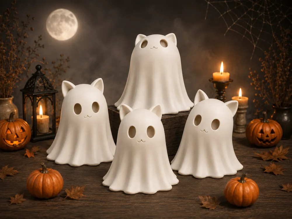 Adorno temático: Cute Cat Ghost – 4 Pose Set. Referencia del modelo original.