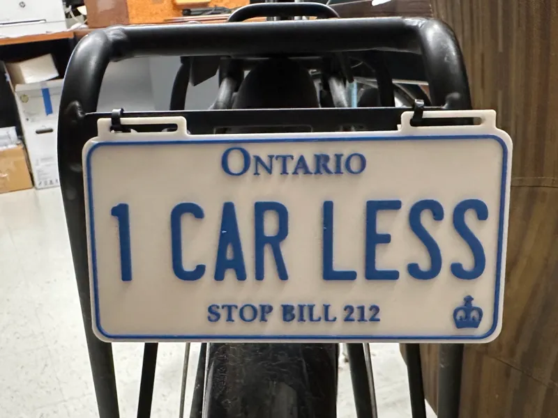 Ontario Bill 212 protest bike licence plate
