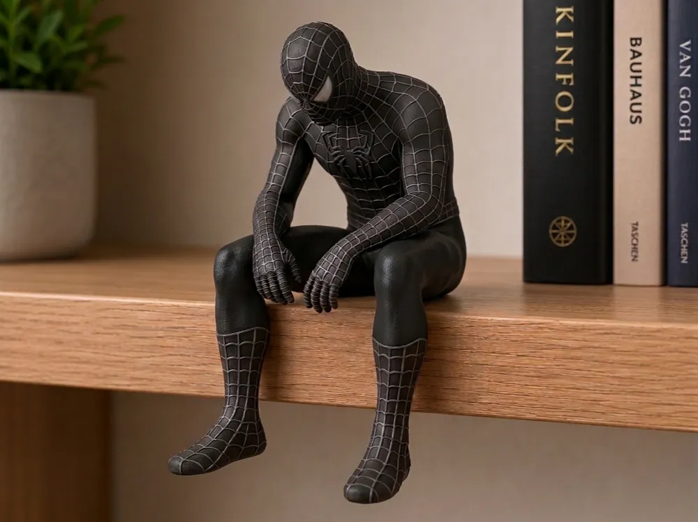 Estante o repisa: Figura de Spiderman negro triste en una repisa. Referencia del modelo original.