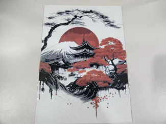 Japanese Temple with Mountain Hueforge