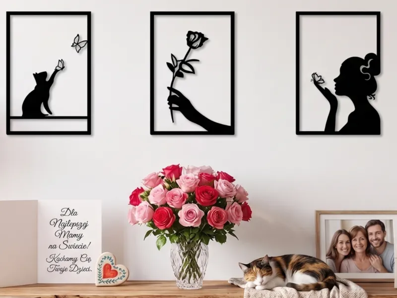 Mother's Day Wall Art Trio - Woman, Rose & Cat 