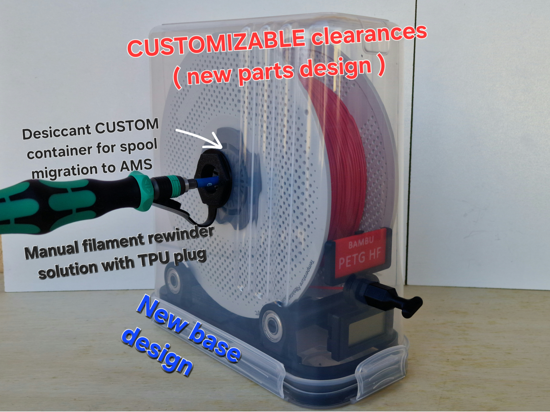 Cereal container filament drybox base with rollers