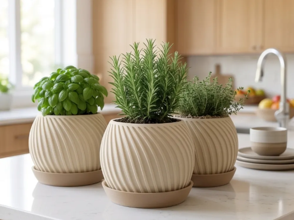 Maceta decorativa: Japandi Swirl Planter with Coaster - Herb Pot. Referencia del modelo original.