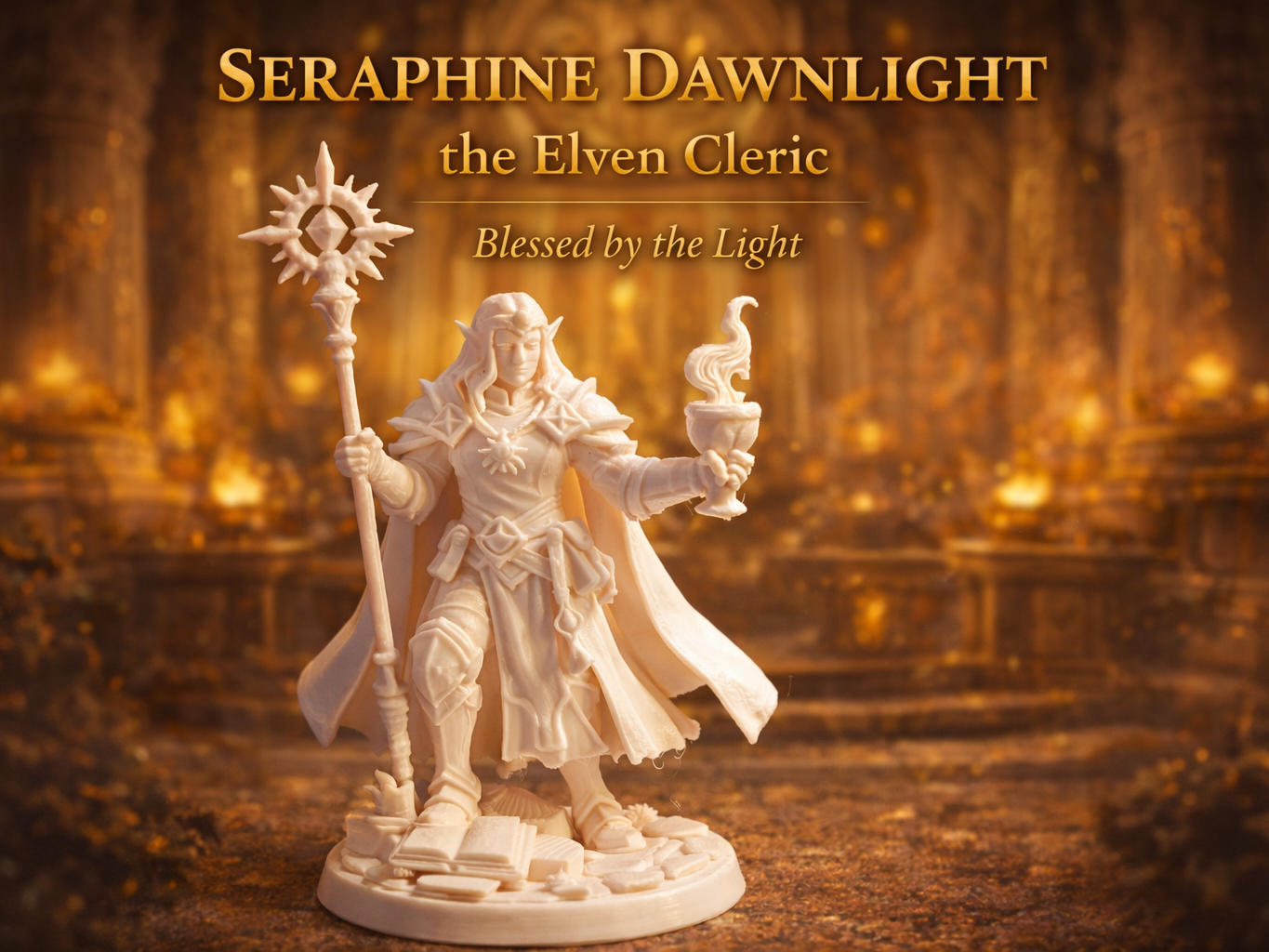 "Seraphine Dawnlight" the female elven cleric 