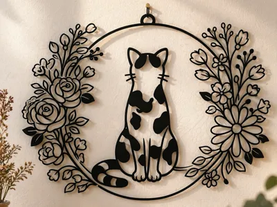 Minimalist Cat Wall Art - Floral circle hanging