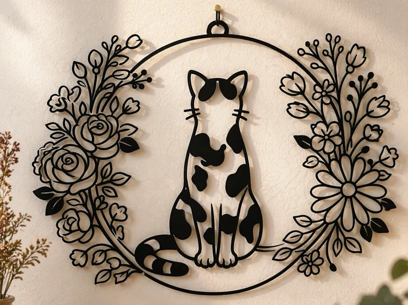 Minimalist Cat Wall Art - Floral circle hanging