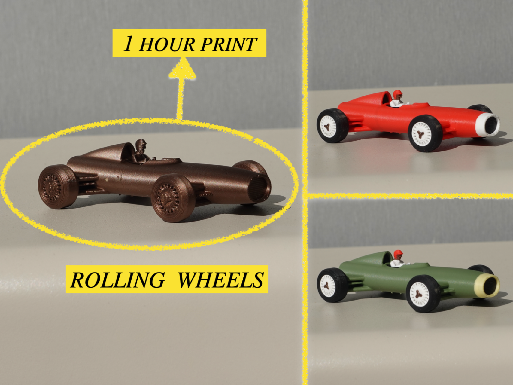 Mini 1960s Fidget F1 Car – 1h Print Rolling Wheels