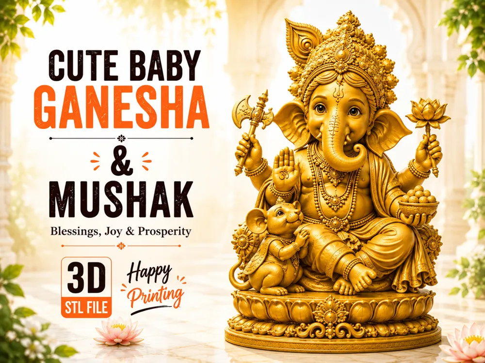 Letrero o emblema decorativo: Cute Baby Ganesha & Mushak. Referencia del modelo original.