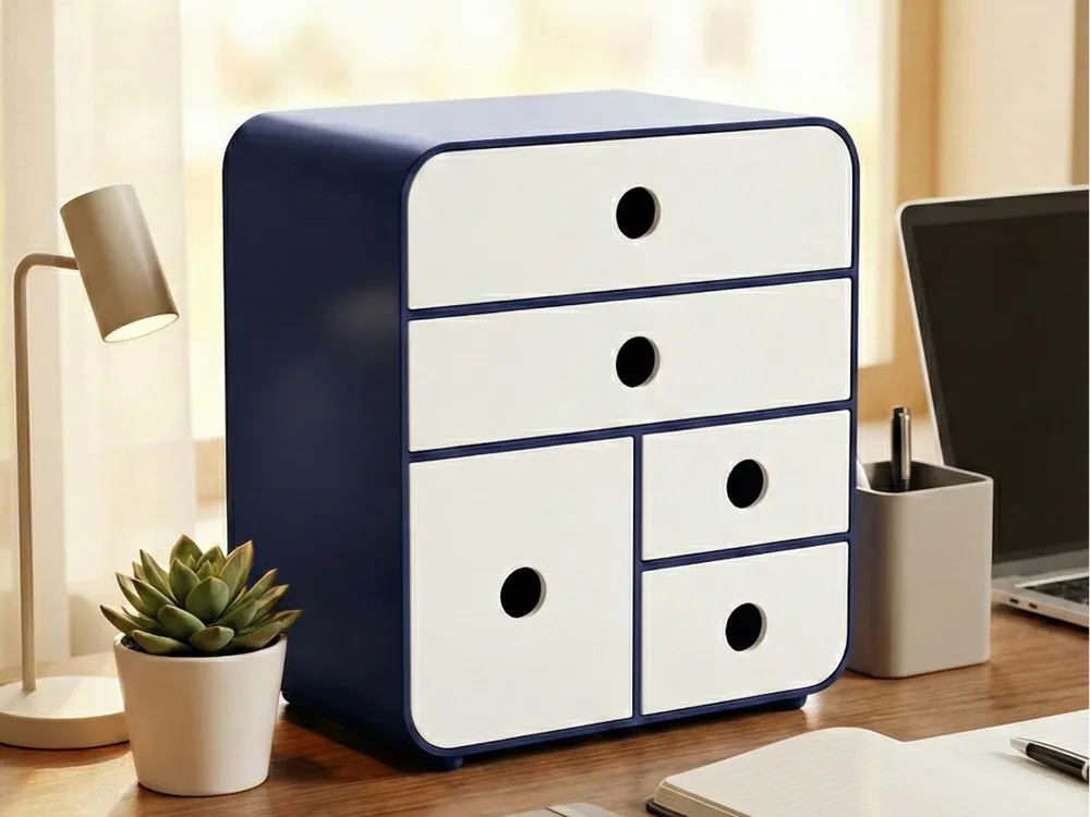 Minimalist Rounded Desk Organizer 3D printed desk accessories navy white drawers by Cipriani