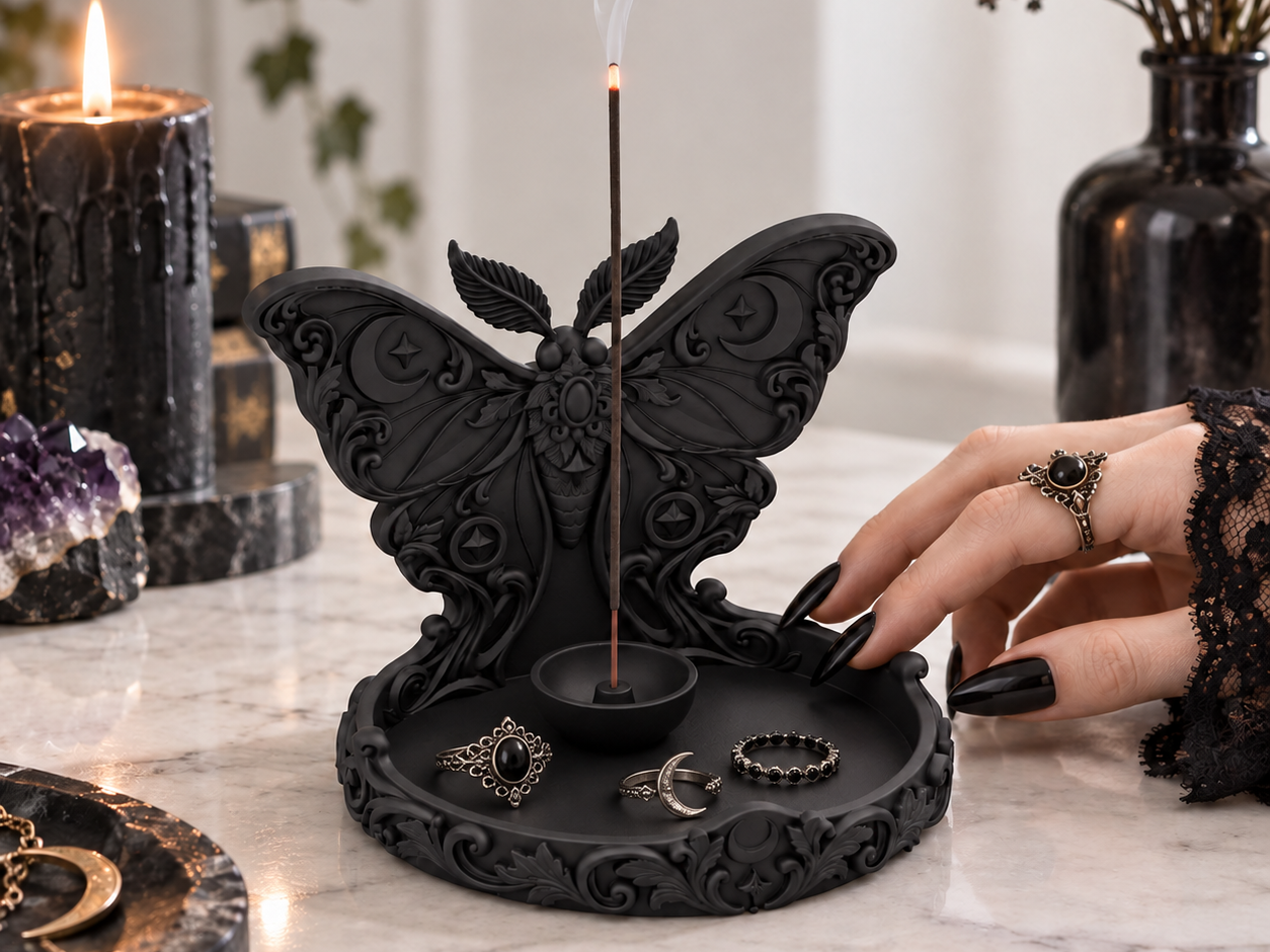 Goth Moon Moth Incense Holder Jewelry Tray Decor - 1