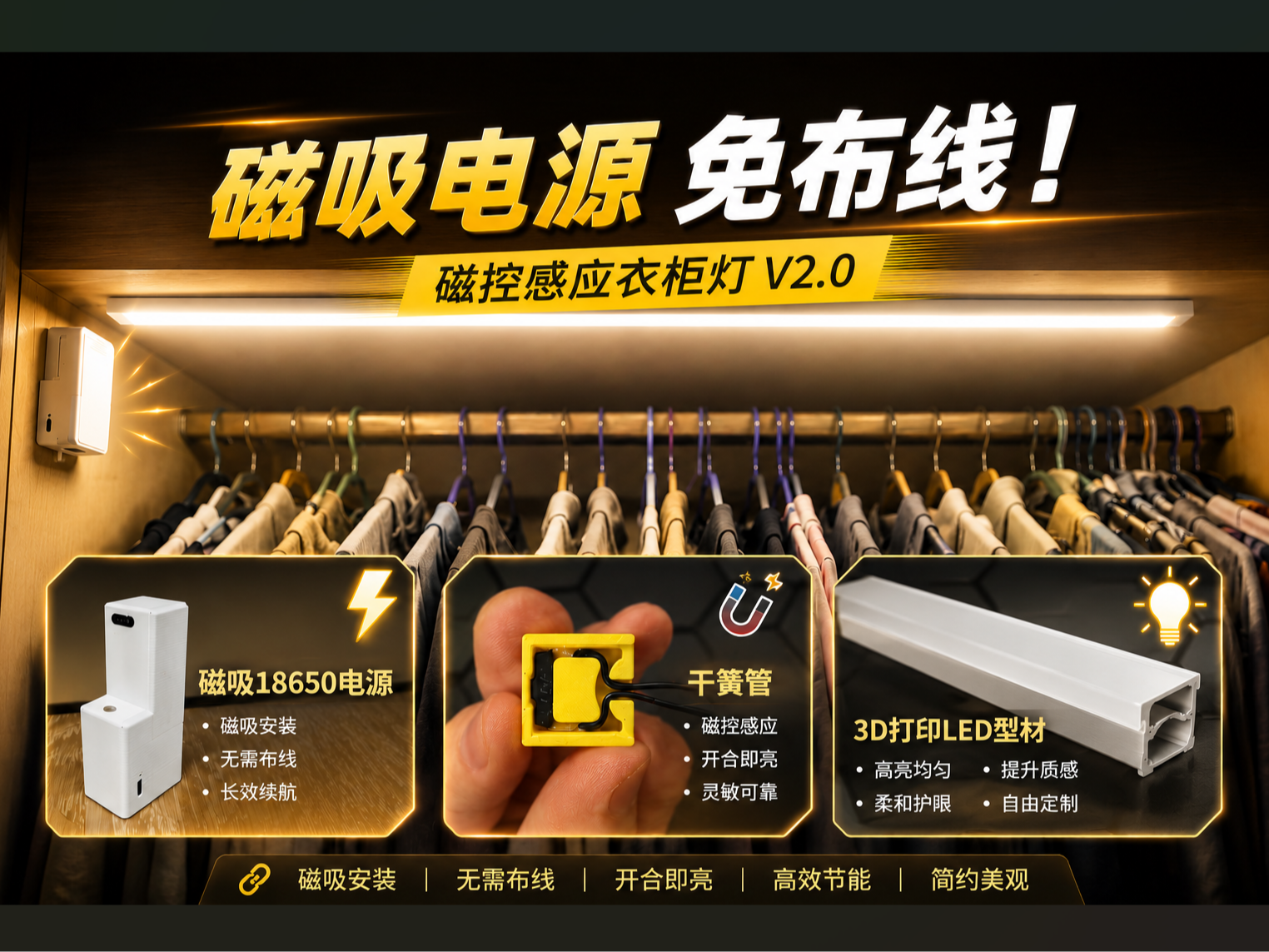 磁控自动感应柜灯套件（磁吸电源 | 一体式干簧管开关｜45度LED型材 | 90度转角型材）